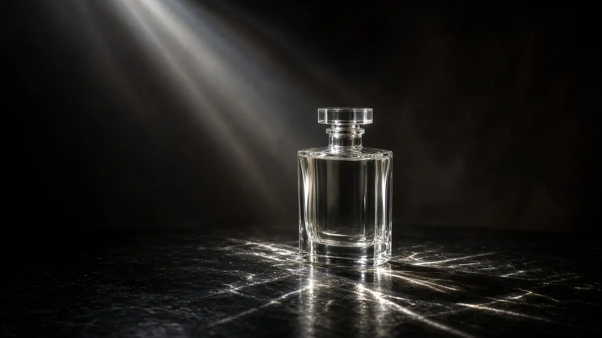 Fragrance bottle in a shaft of studio light